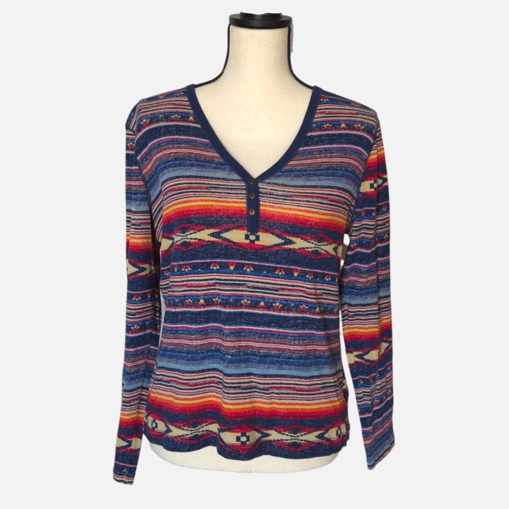 Southwestern Navajo Print Henley Shirt Chaps Denim Cotton PM Petite Western